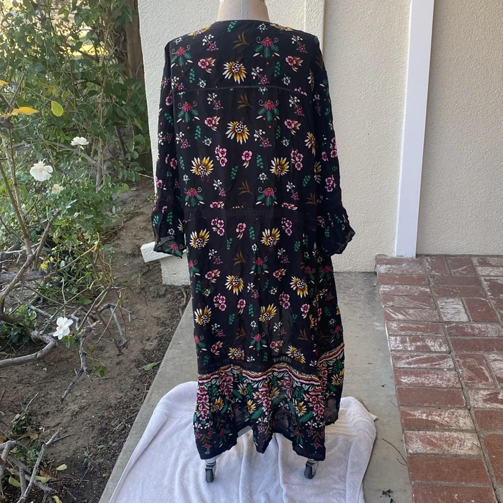 Anthropologie black floral kimono pintucked robe style dress/coverup. Worn once